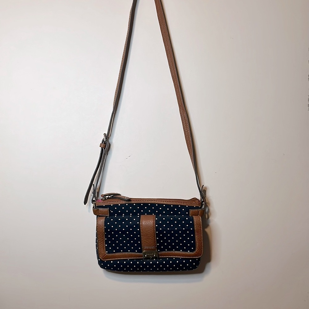 Chaps navy blue purse with white polka dots.